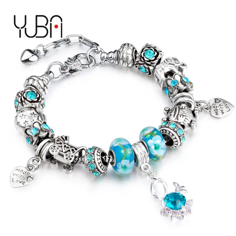 

Wholesale Blue Crystal Large Hole Beads Heart Charm Bracelet Silver Snake Chain Crystal Rhinestone Beads Charm Bracelet