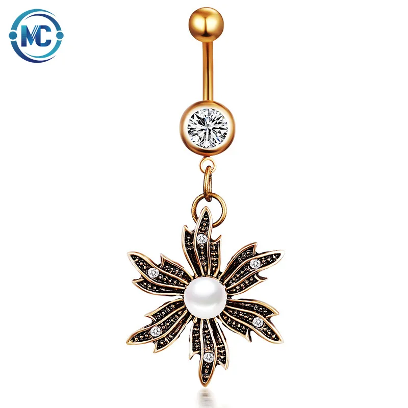 

Drop shipping service piercing jewelry stainless steel pearl leaves charm pendant Belly Button Rings