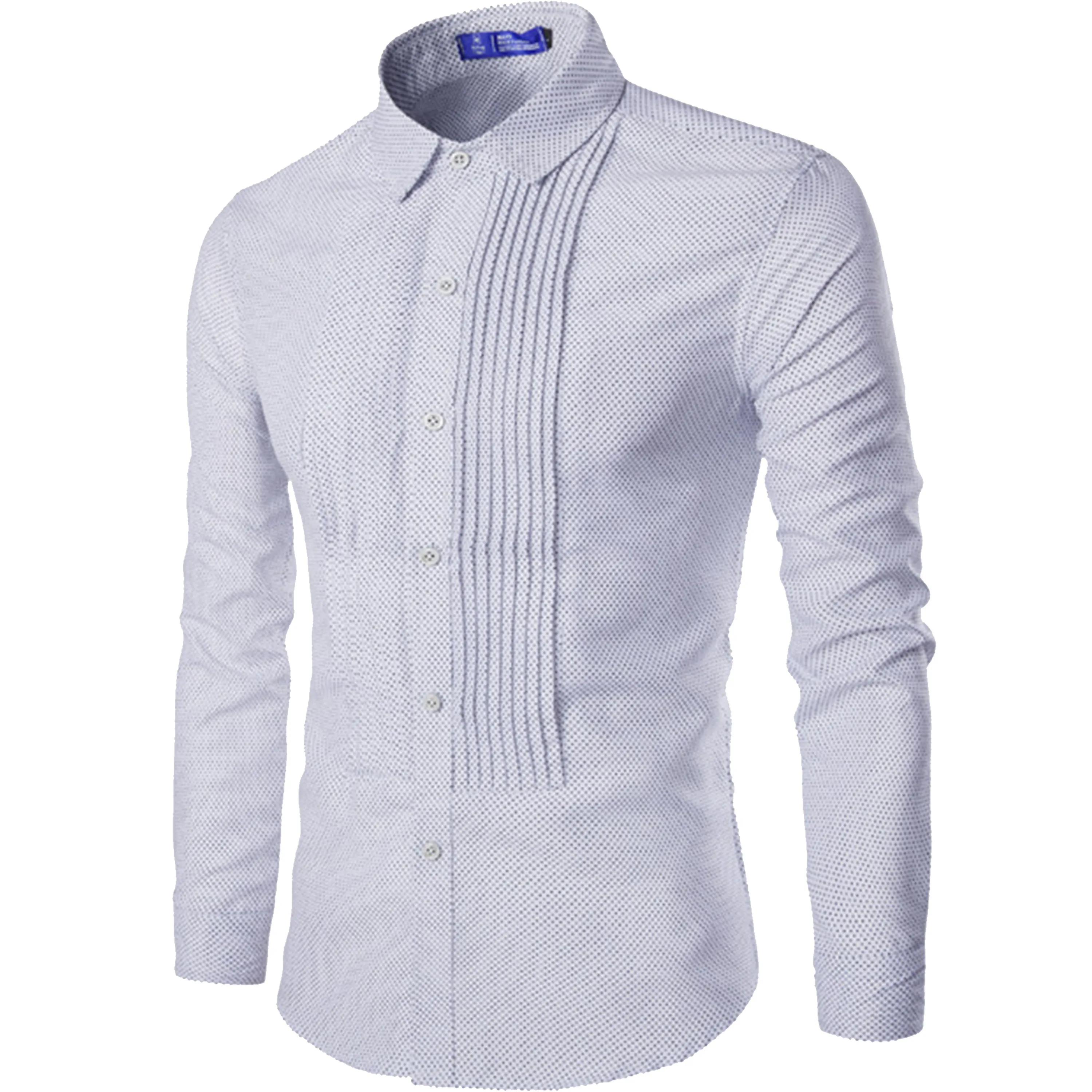 

Wholesale Shirts Fashion Spot Print Regular Style Pleated Long Sleeve Solid Color Lapel Slim Fit Casual Men's Shirt, Shown