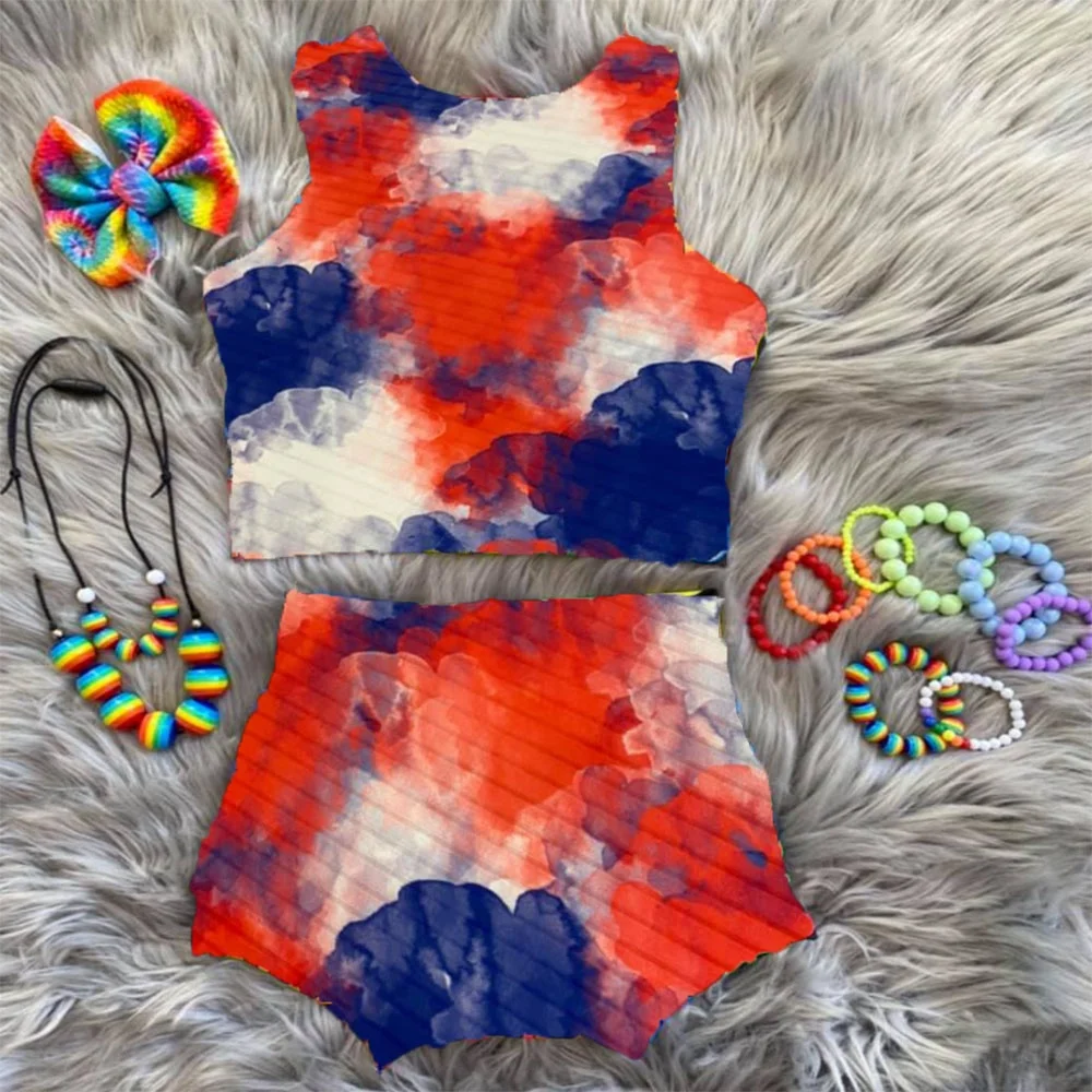 

New design style fashion baby children girls 's clothing tie dye custom cotton sleeveless vest wear sets