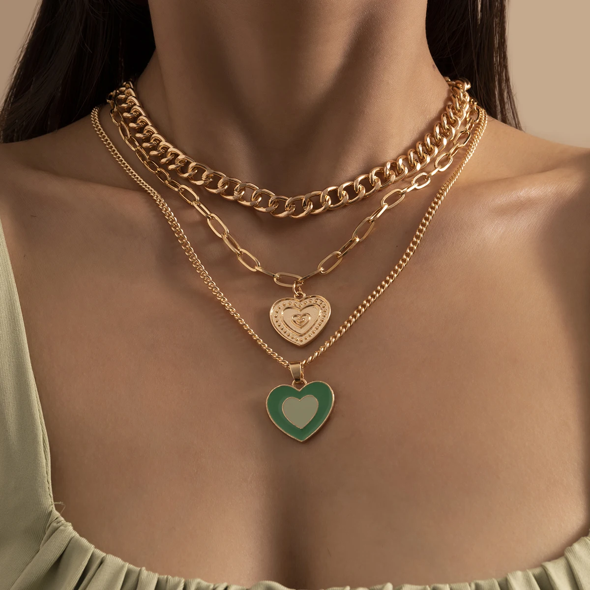 

SHIXIN New Arrival Green Heart Pendant Necklace Punk Link Chain Multi Layer Necklace Gold Silver Jewelry Necklace for Men Women