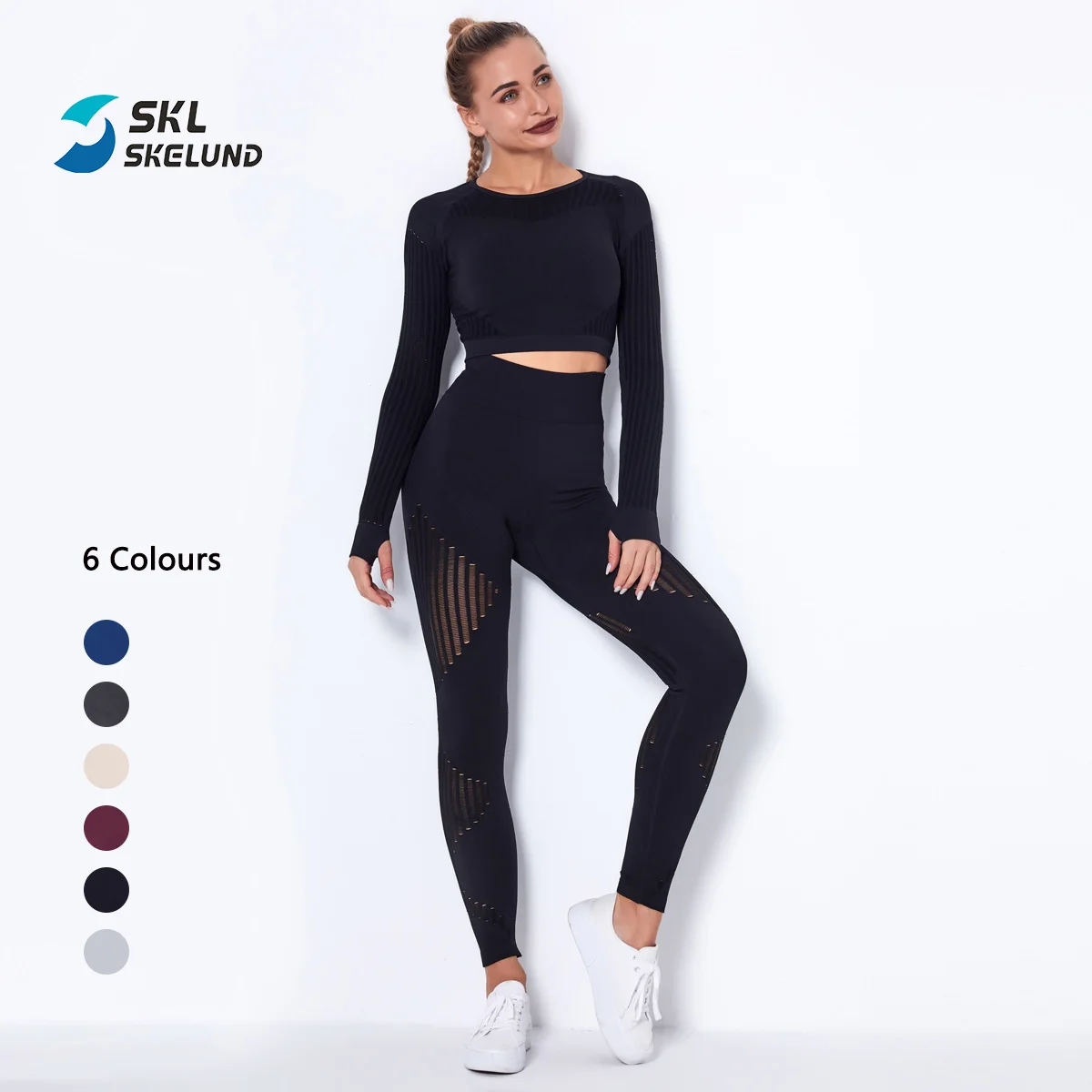 

Woman Fitness Yoga Crop Top With Thumb Hole Gym Mesh High Waisted Workout Leggings Shark Two Piece Yoga Wear Sport Clothing Set