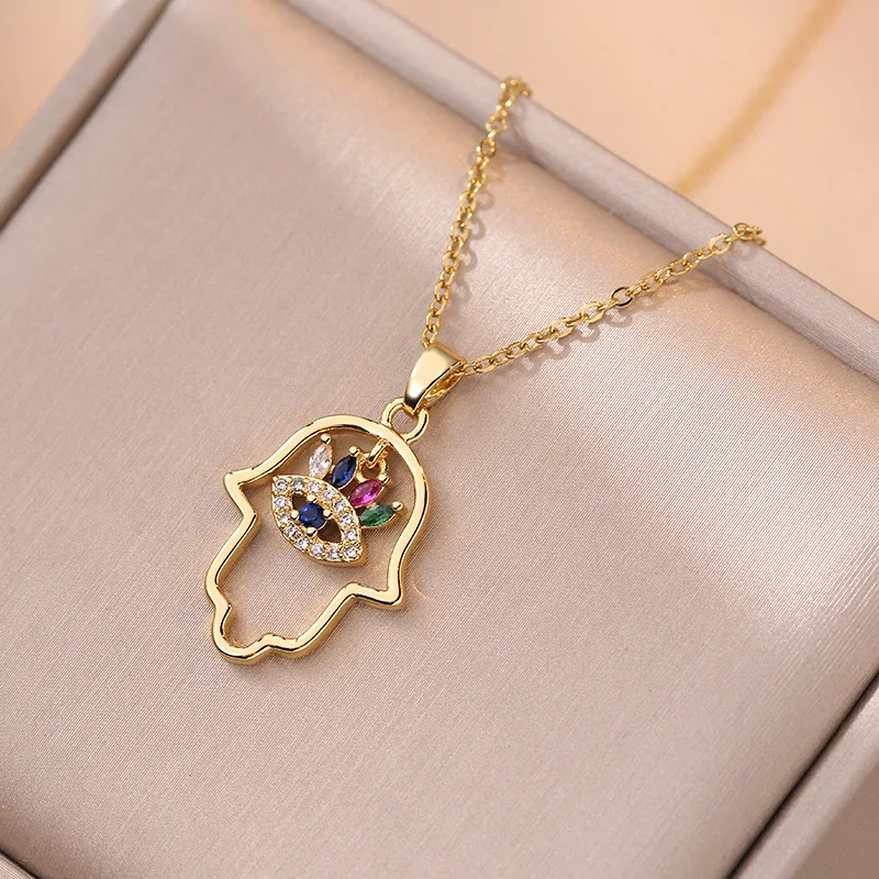 

Fashion Hollow Crystal Hand Necklace Gold Plated Zircon Blue Eye Necklaces For Women Jewelry