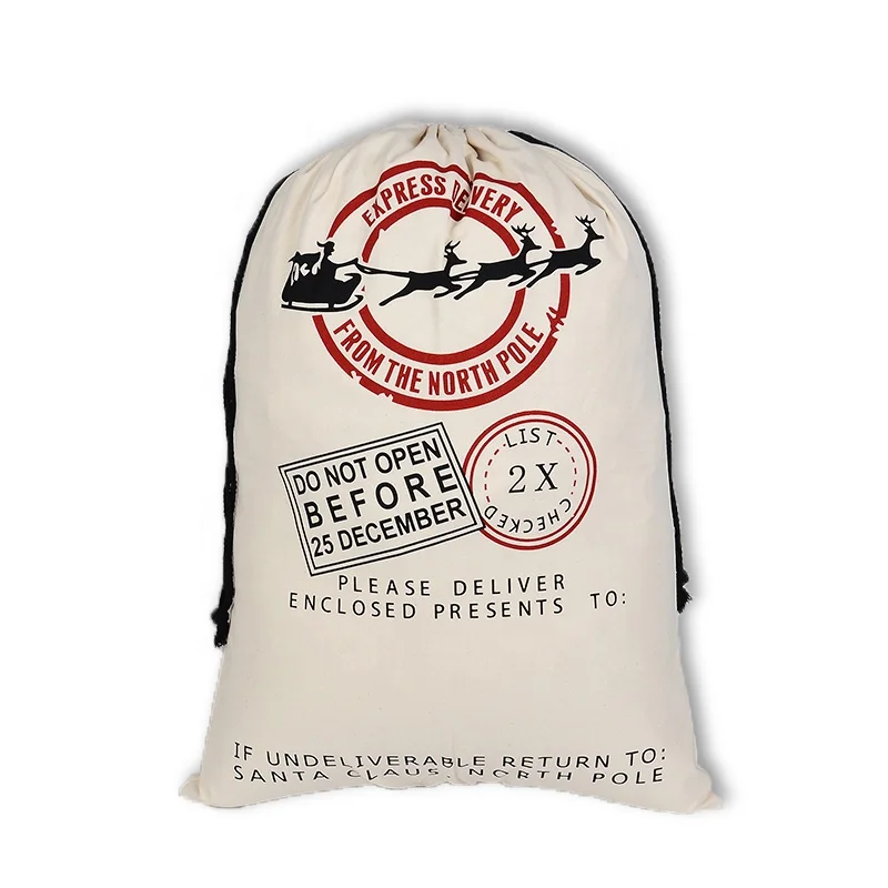 
2020 New noel Custom canvas cotton gift bag drawstring Christmas Santa sack for stocking presents 