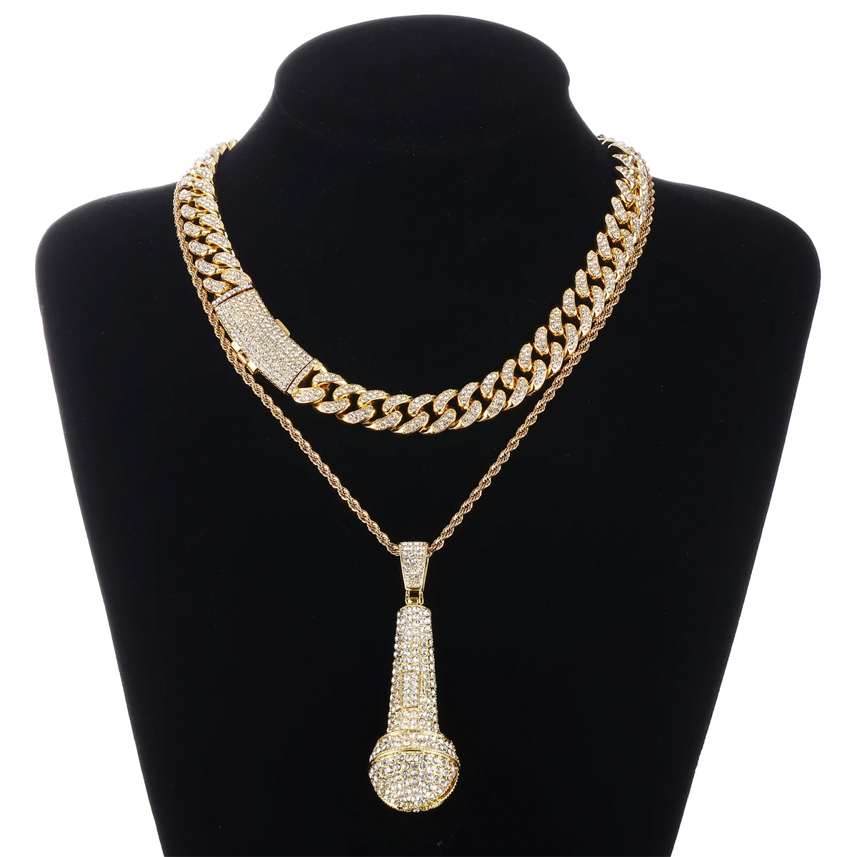 

DE Full Drill Microphone Trendy Hiphop Shiny Fancy Fashion Alloy Jewelry Upside-down Pendant with Cuban Chain Necklace Set