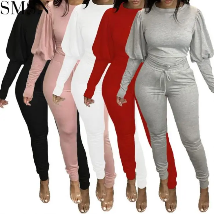 

TINA Best Seller Solid Color O Neck Puff Sleeve Drawstring Jogger Set Casual Two Pieces Set