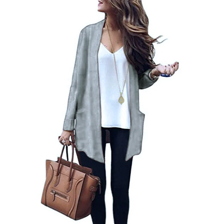 

2021 autumn and winter new sweater women's casual solid color large pocket knitted cardigan sweater