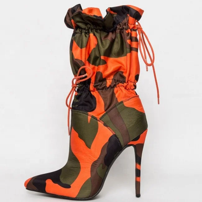 

New Arrivals Women's OEM/ODM Stiletto High Heels Mid-calf Boots Pointed Toe Camouflage Plicated Short Boots Colorful Shoes, Red orange blue