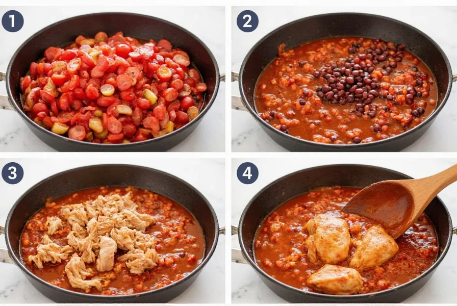 Step-by-step preparation of classic red chicken chili with diced tomatoes, kidney beans, and shredded chicken in a cast iron pot