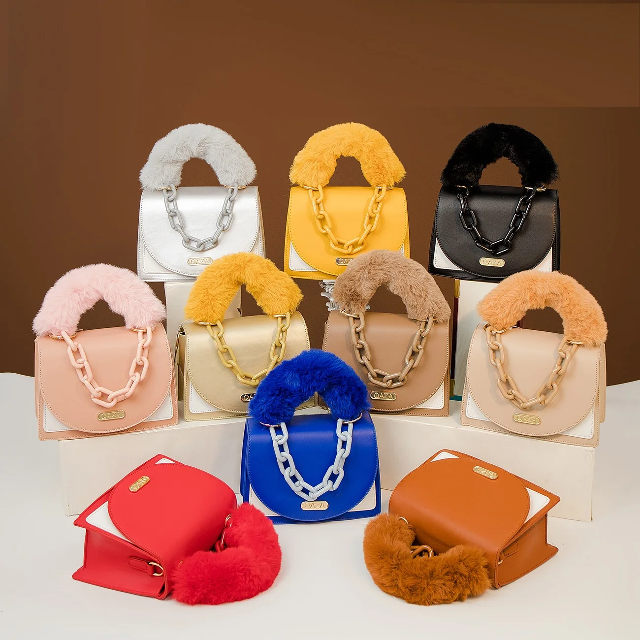 

2021 new design fur purses bags women handbags faux fur handle shoulder hand bag for ladies purse, Accept custom made
