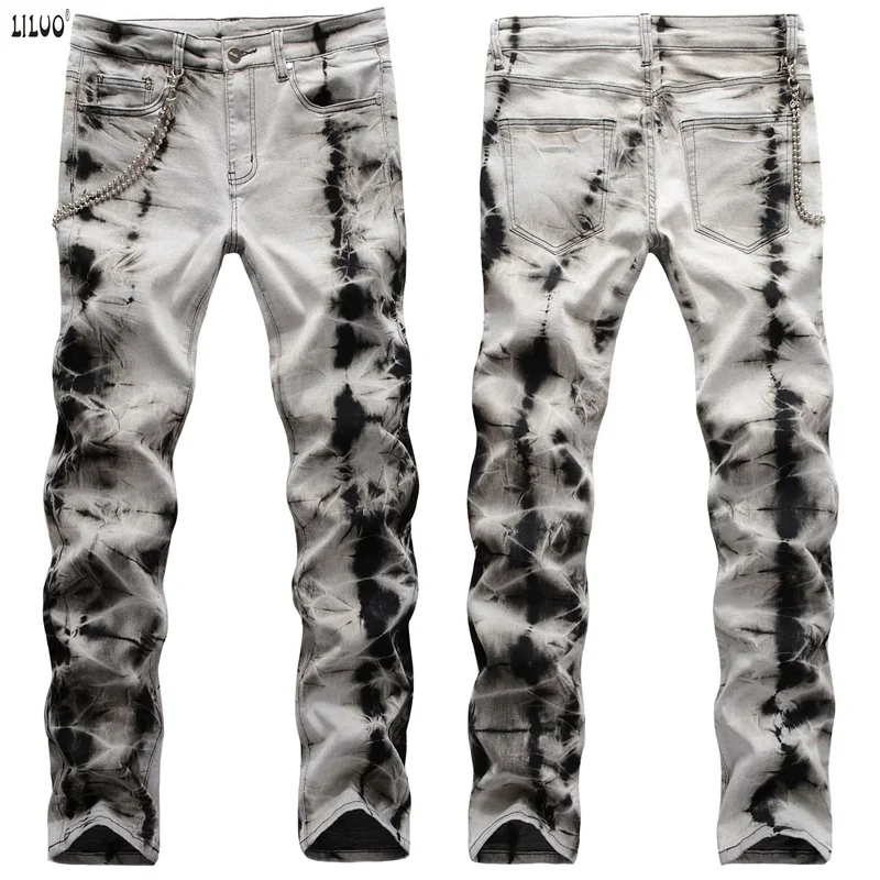 

Liluo Street Fashion Hip Hop Graphic Jeans Chain Decoration Elastic Slim Jean Man Pantalon Homme Noir Homme Summer Jean, Customized color
