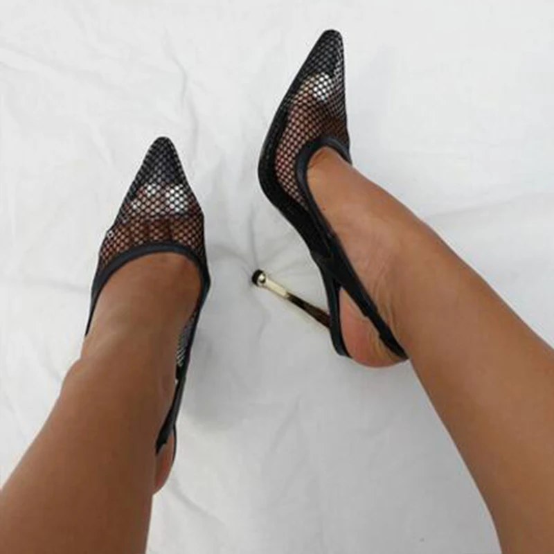 

New 2022 metal high heel gauze shoes pointed thin heel women's sandals large