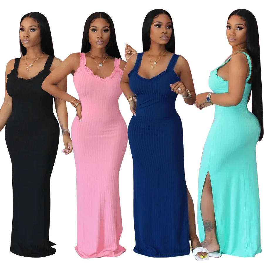 

ladies dress women clothing V neck sleeveless off shoulder irregular solid color bodycon long maxi dress summer