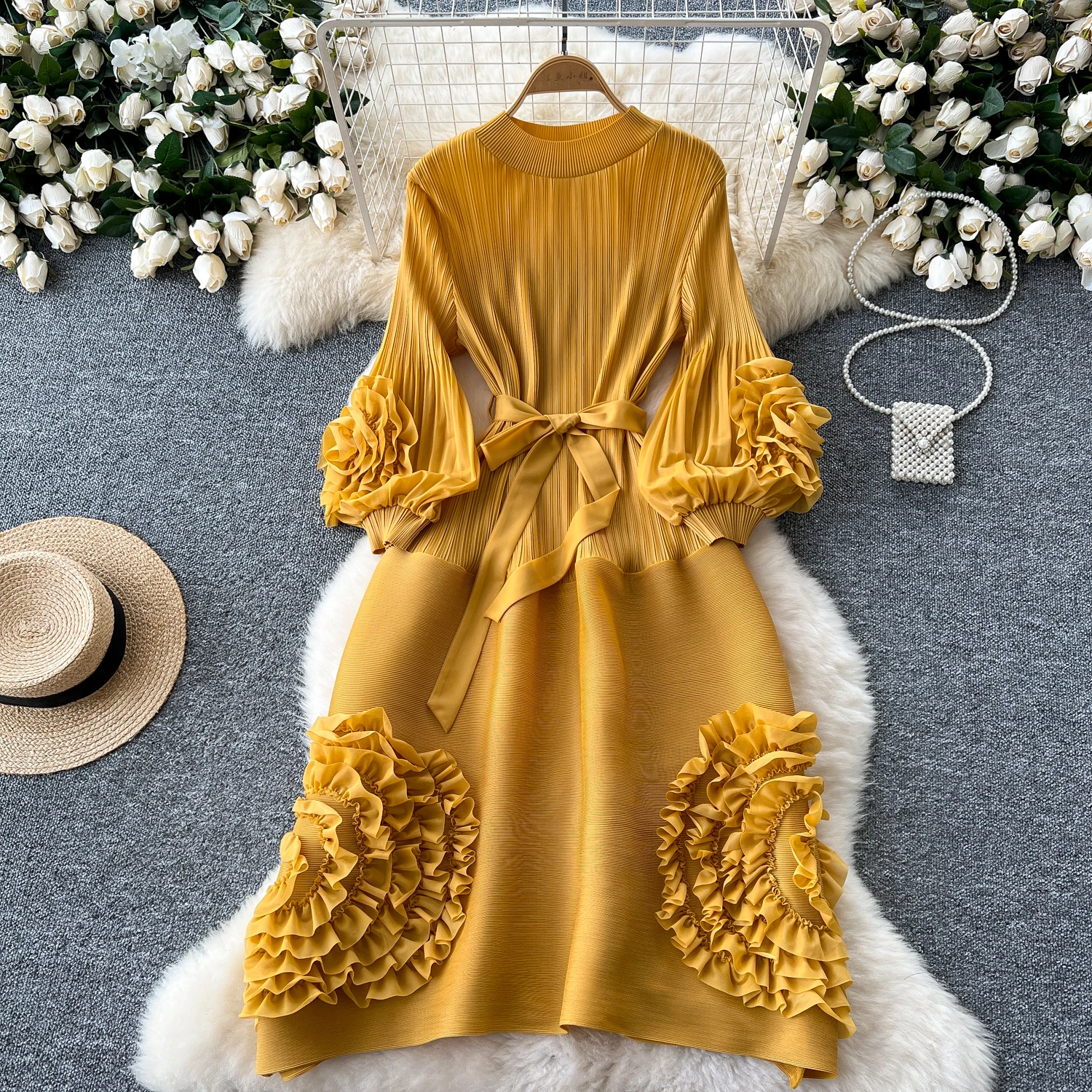 Long Dress 3D Floral Detail Pleated Skirt