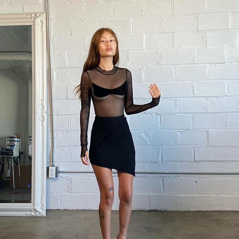 

New Arrival O Neck Denim Long Sleeve See Through Women Body Mesh Clothing 2021 Fall Winter Hot Romper Bodysuit, Customized color