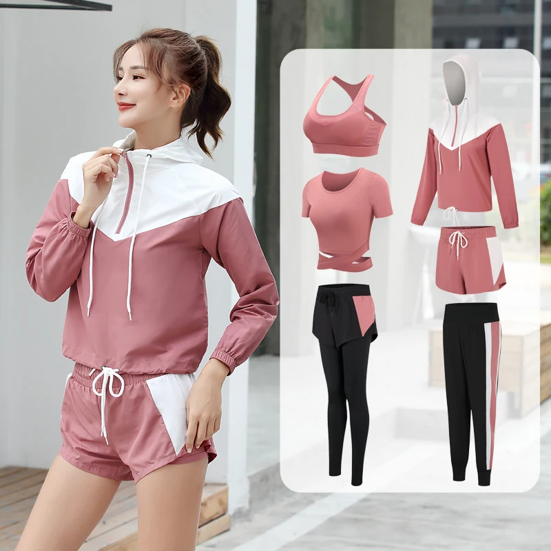 

6 Pieces Set Fashion Yoga Wear High Waist Fitness Clothing Solid Color Women Gym Fitness Training Sets, As pictures