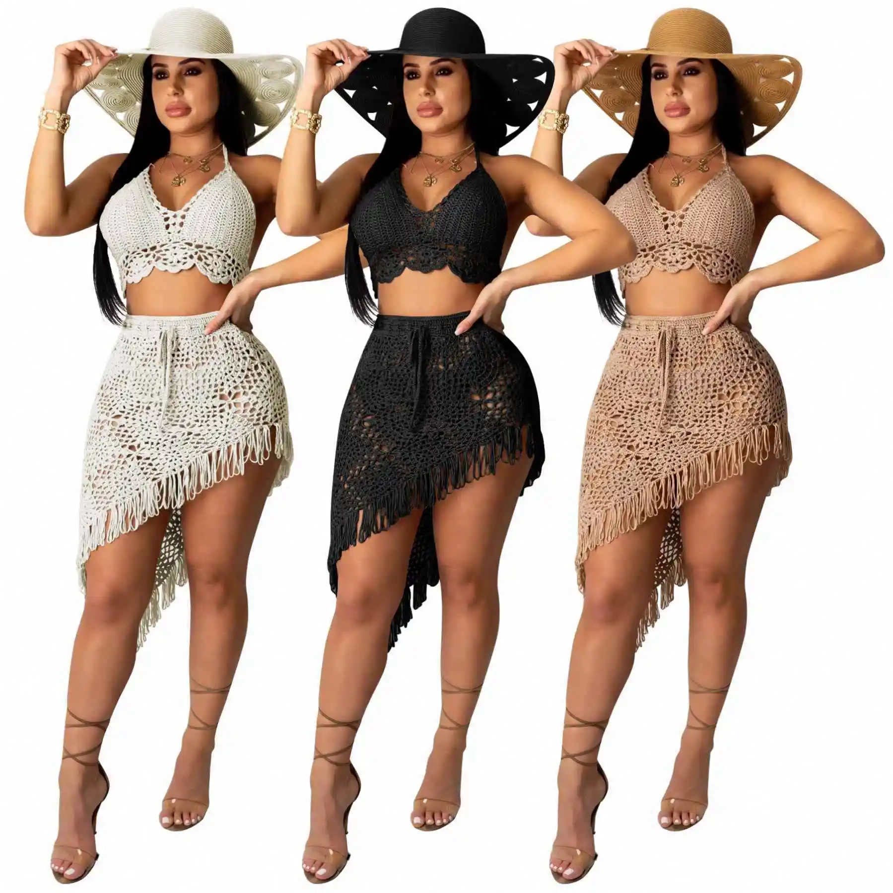 

Women Summer Sexy Casual Beach Crochet Lace skirt set 2021 Women Two Piece Sets Clothing 2 Piece skirt Sets Outfits