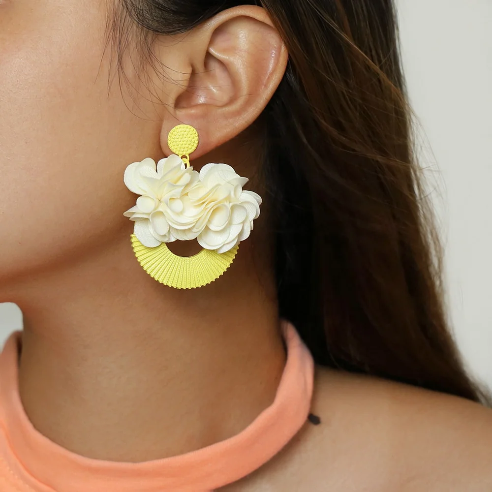 

Exaggerated personality yellow chiffon fabric big flower earrings for women