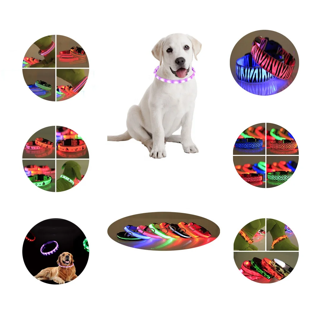 

Pet Print Sublimation Luxury Adjustable Nylon Flashing Glow Light Up For Night Safety Walking Usb Rechargeable Led Dog Collars, Solid color