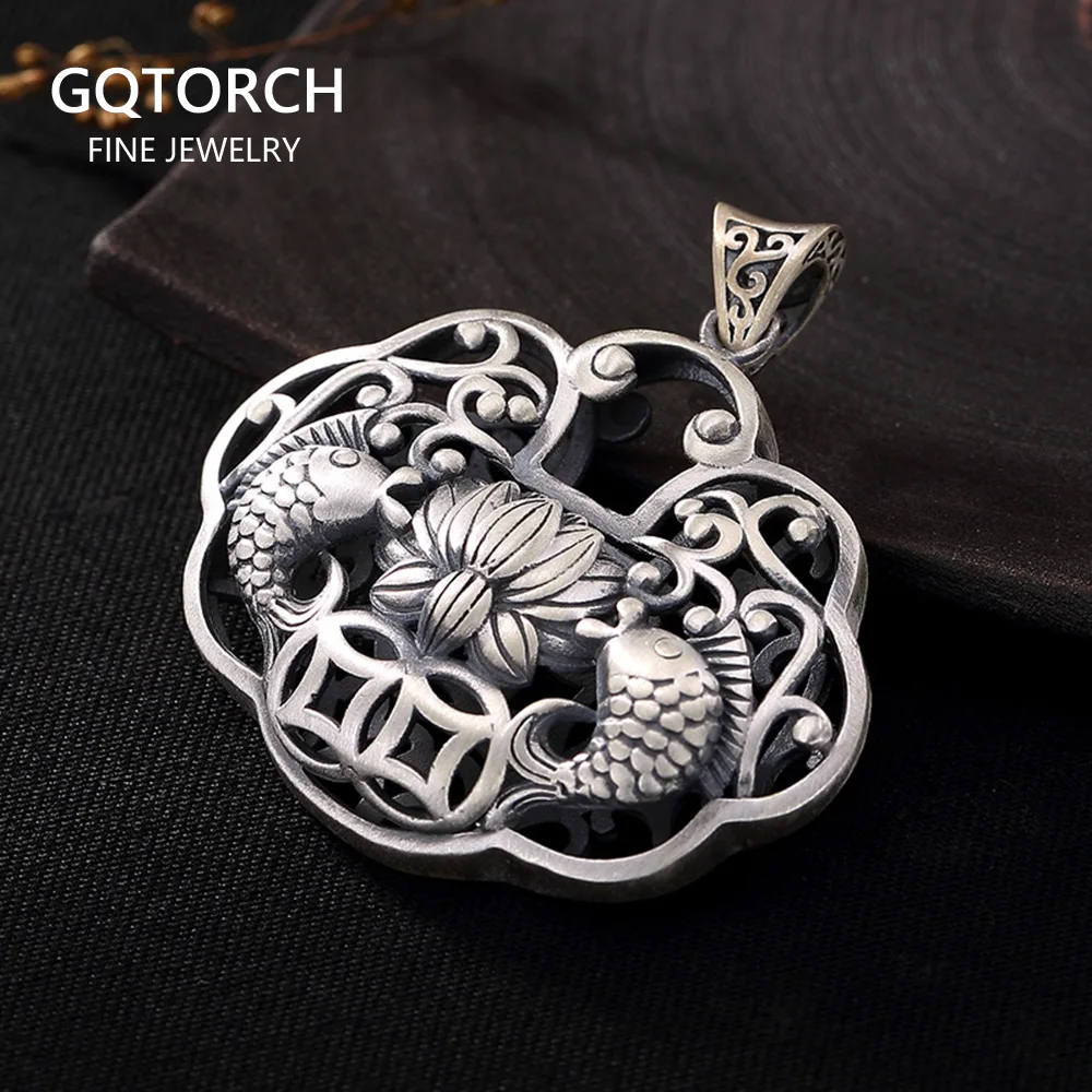 

925 Sterling Silver Fish Pendant Lucky Gifts For Women Hollow Design Antique Jewelry Pendulos Para Radiestesia