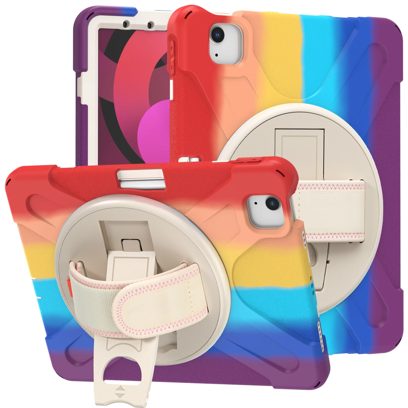 

Rainbow Colorful Symmetry Case For iPad Air 4 10.9 2020 / Pro 11 2018/ 2020/2021 Defender Kickstand Hand Strap Tablet Cover