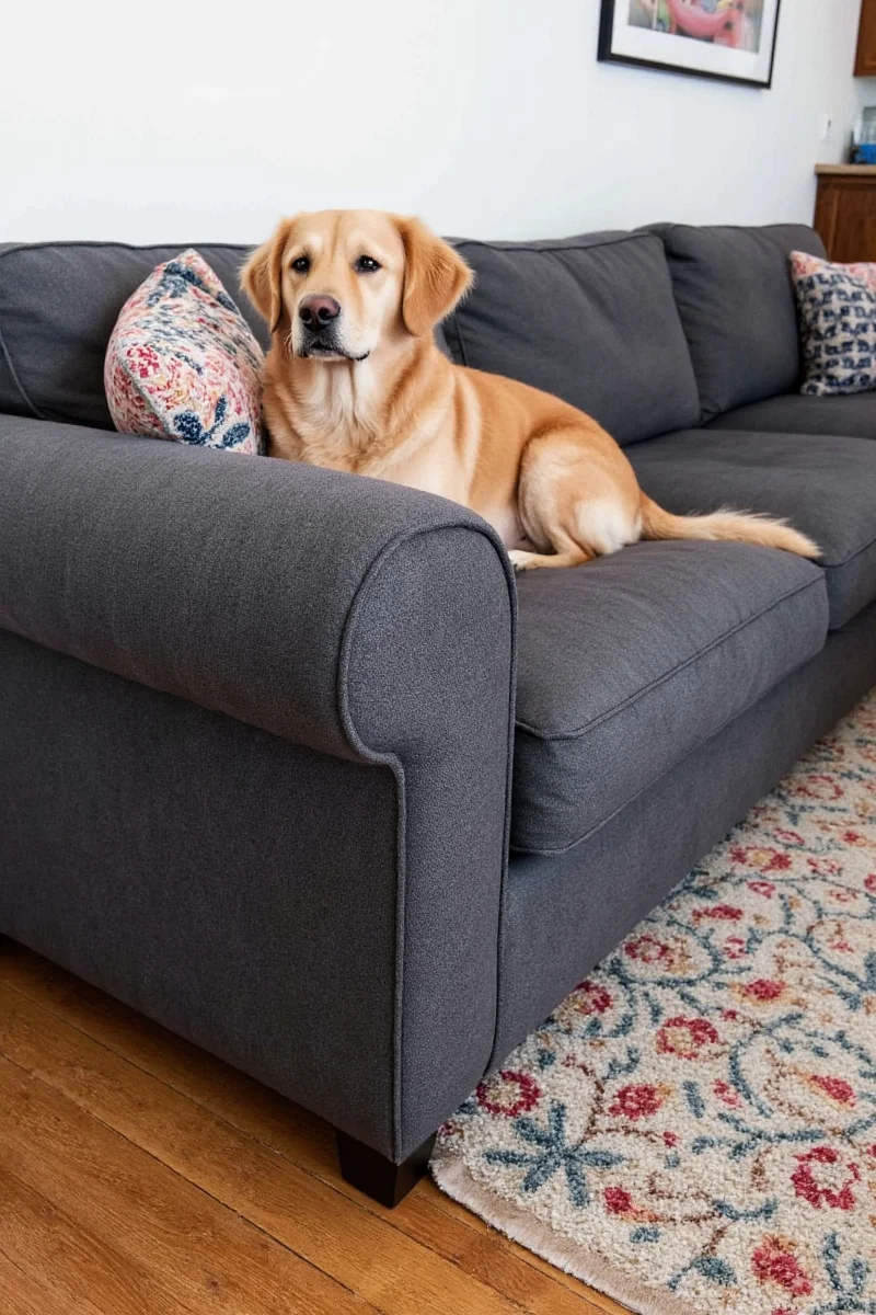 Cozy family room with a black dog sleeping peacefully on a sleek, pet-friendly couch. The couch shows no signs of wear despite the presence of the dog.