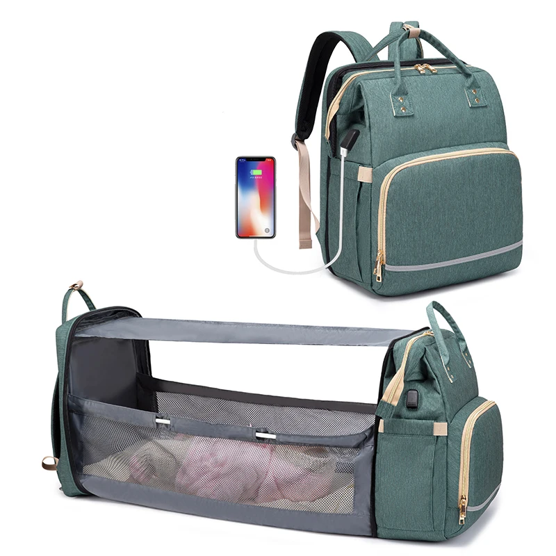 

Upgrade multi function diaper bed backpack with Sunshade and USB charging port mom diaper bag bed for new baby, Gray, black,green,,pink, light green