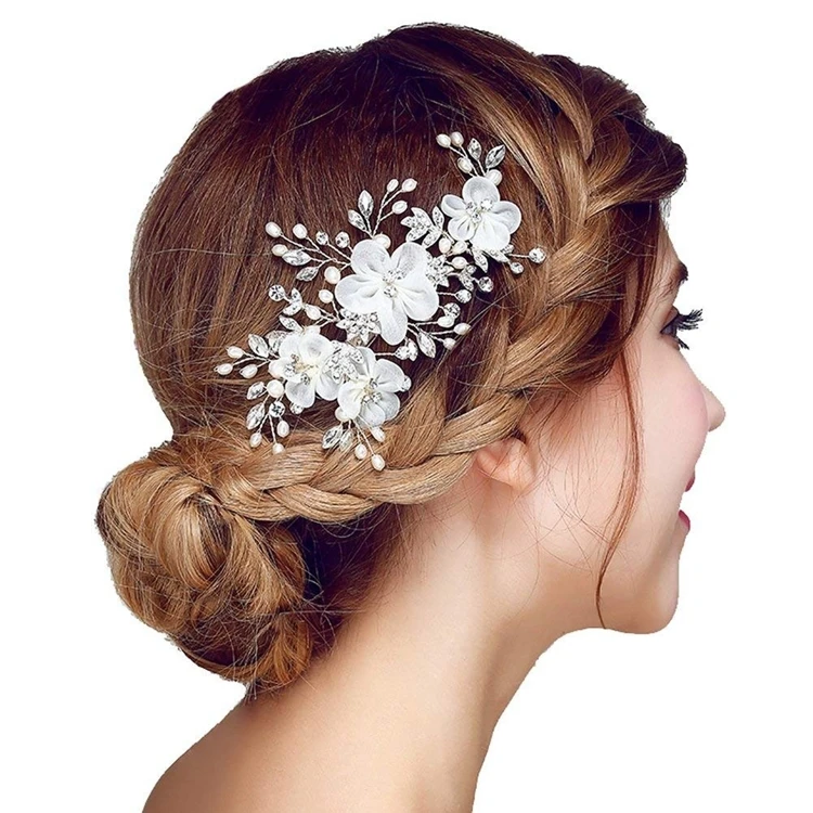 

Wholesale Crystal Wedding Hair Clip Accessories Silver Leaves Chiffon Flower Wedding Jewelry Bridal Hair Clips