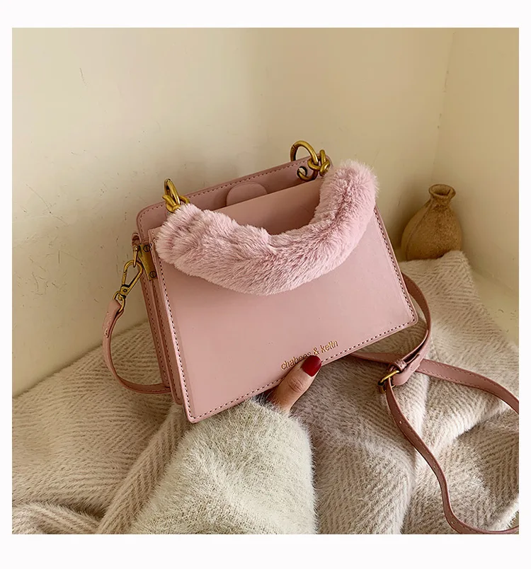 

Winter and Autumn New Fashion Korean Wool Pink Crossbody Faux Fur Purses and Bags Women Handbags Ladies, Black,pink