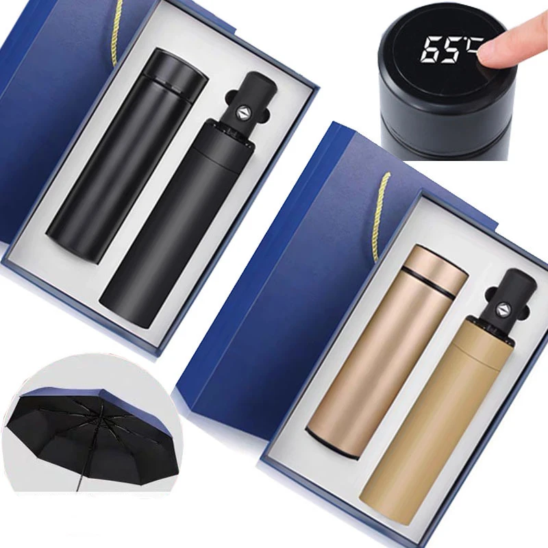 

Seaygift custom logo company souvenirs business gift umbrella set stainless steel thermos water bottles sets with gift box, Blue/black/red/gold