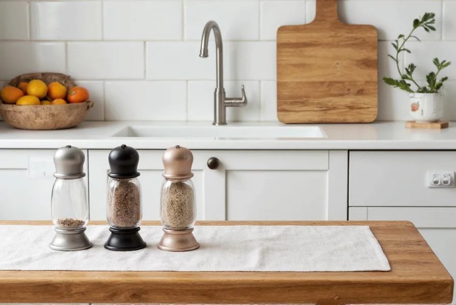 Salt and pepper holders arranged on a dining table that matches different kitchen decor styles including modern, traditional, and farmhouse
