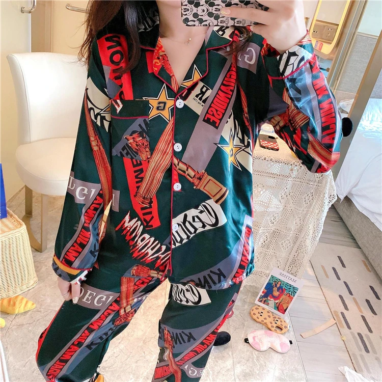 

Wholesale new fashion breathable polyester silk two pieces sleepwear womens pyjamas sleepwear set, Customized size