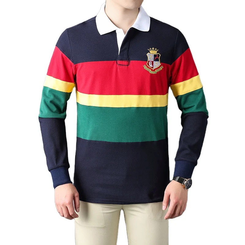 

Wholesale OEM Camisa sport color matching plus size golf t shirts cotton loose striped long sleeve embroidered men's polo shirts