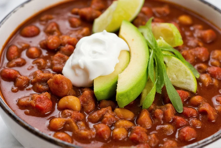 Close-up of chili in bowl with avocado slices, lime wedge, and sour cream swirl