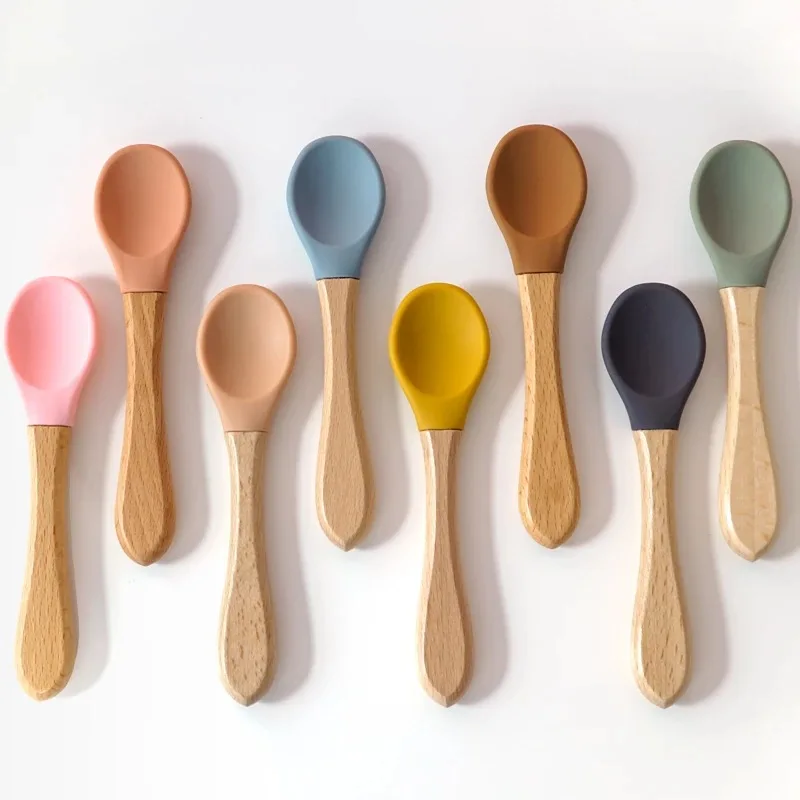 

Training Manipulative Ability Children's Tableware Feeding Wooden Handle Silicone Spoon For Baby