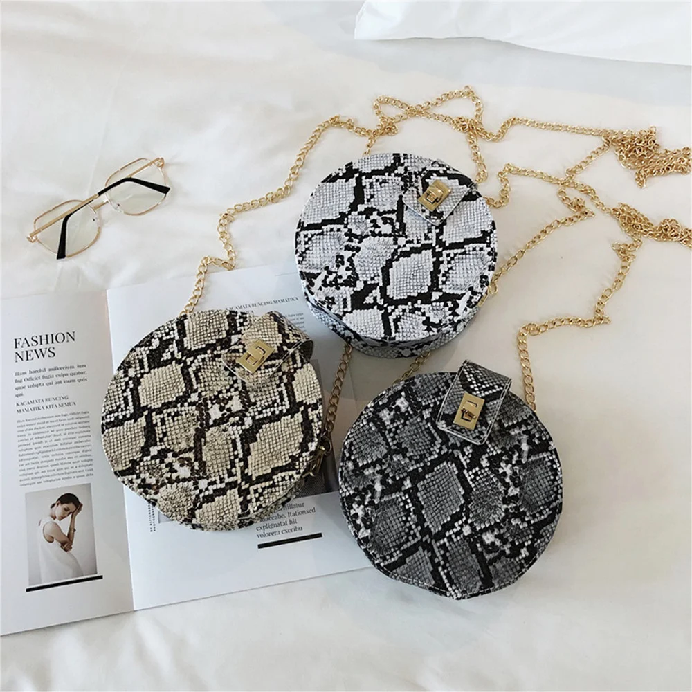 

Fashion Women Round PU Shoulder Snake Skin Printed Messenger Bag Women Satchel Tote Purse Bags