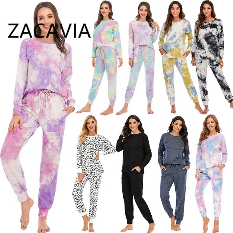 

ZACAVIA Fashion Tie-dye Ladies Pajamas New Long-sleeved Trousers Pajamas Set Hot Sale Casual Pajamas Set, Photo color