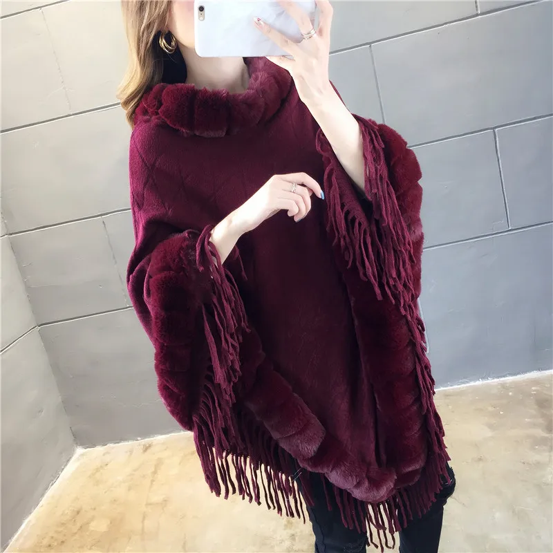 

2019 Winter fur neck poncho tassel hem cloak for women