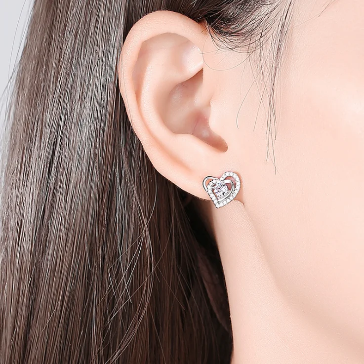 

Trendy S925 Sterling Silver Stone Earrings For Women Heart Bridal Full Diamond Earrings
