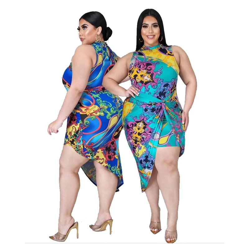 

flower print asymmetric bandage sexy summer sleeveless plus size casual dress for women 2021