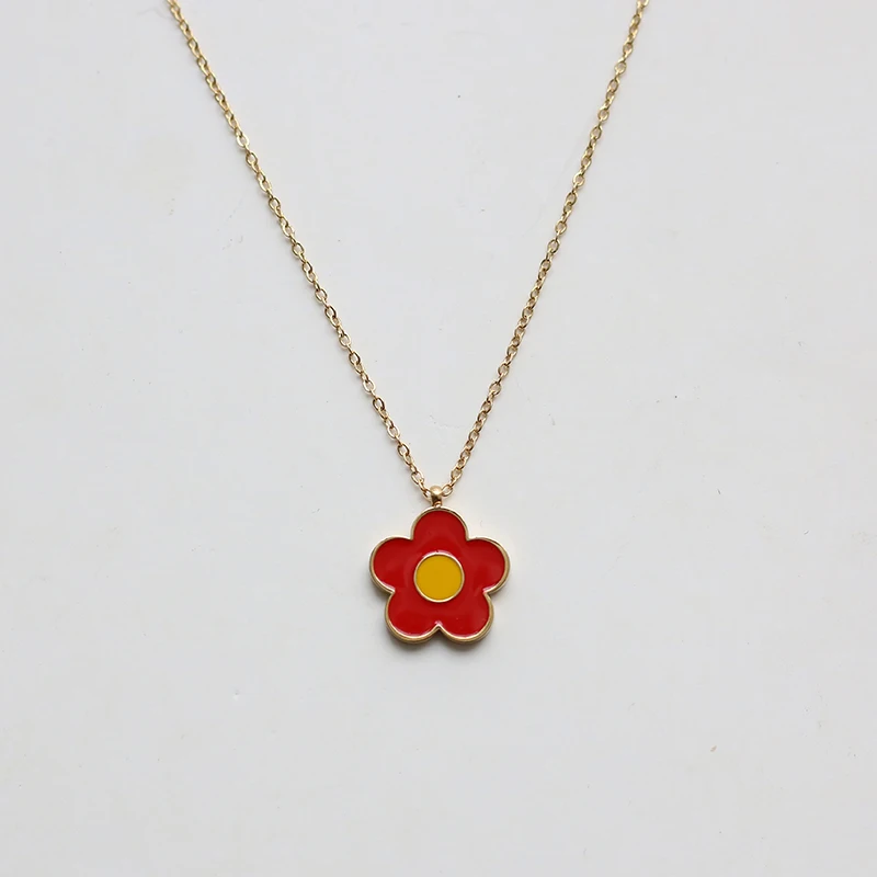 

2021 Fashion Red Flower Pendant 18K Gold Stainless Steel Enamel Necklace for Woman