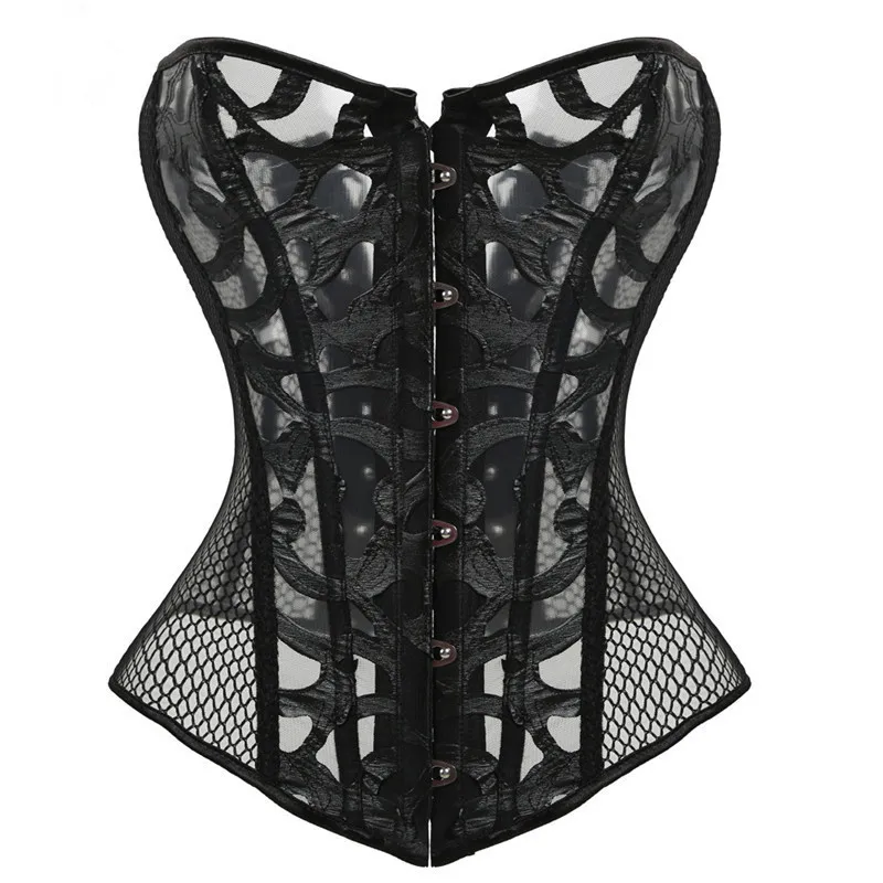 

Mesh Corset Plus Size Gothic Corset and Bustier Elastic Net Hollow Out Flowers Design Buckles Closure Body Shapewear, Black,nude