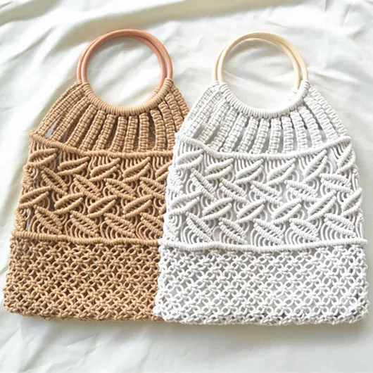 

2021 Eco-friendly Women Handbags Large Capacity Casual Cotton Rope Woven Hollow Out Macrame Beach Tote Bags, White and brown