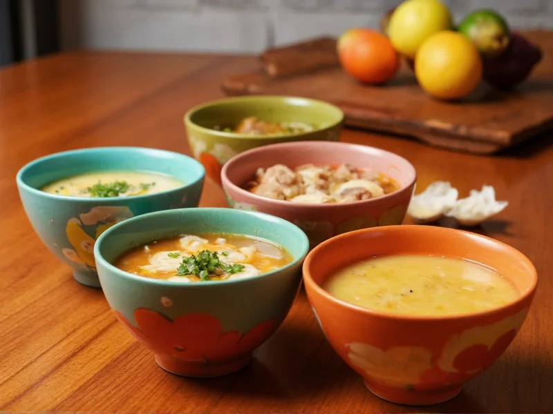 Five colorful soup bowls on wooden table