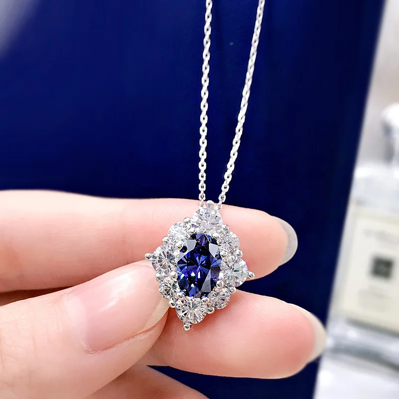 

New S925 Sterling Silver Necklace Temperament Sapphire Flower 6*9 Geometric Pendant Female Jewelry Zircon