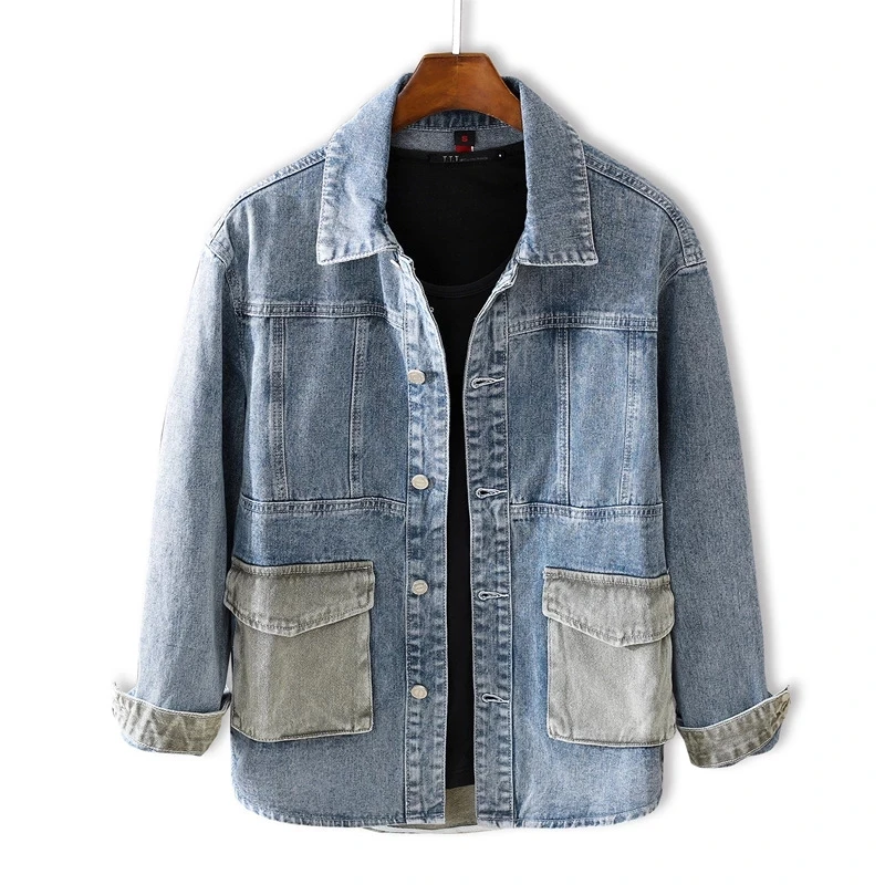 

OEM Design New Spliced Denim Jacket Men Casual Single Breasted Lapel Loose Men Jeans Jacket Men, Blue, customized