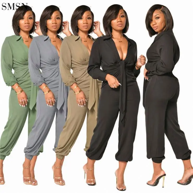 

Newest Design Solid Color Bandage Legged Long Sleeve Jumpsuit Women One Piece Jumpsuit Sexy Clothes For Women