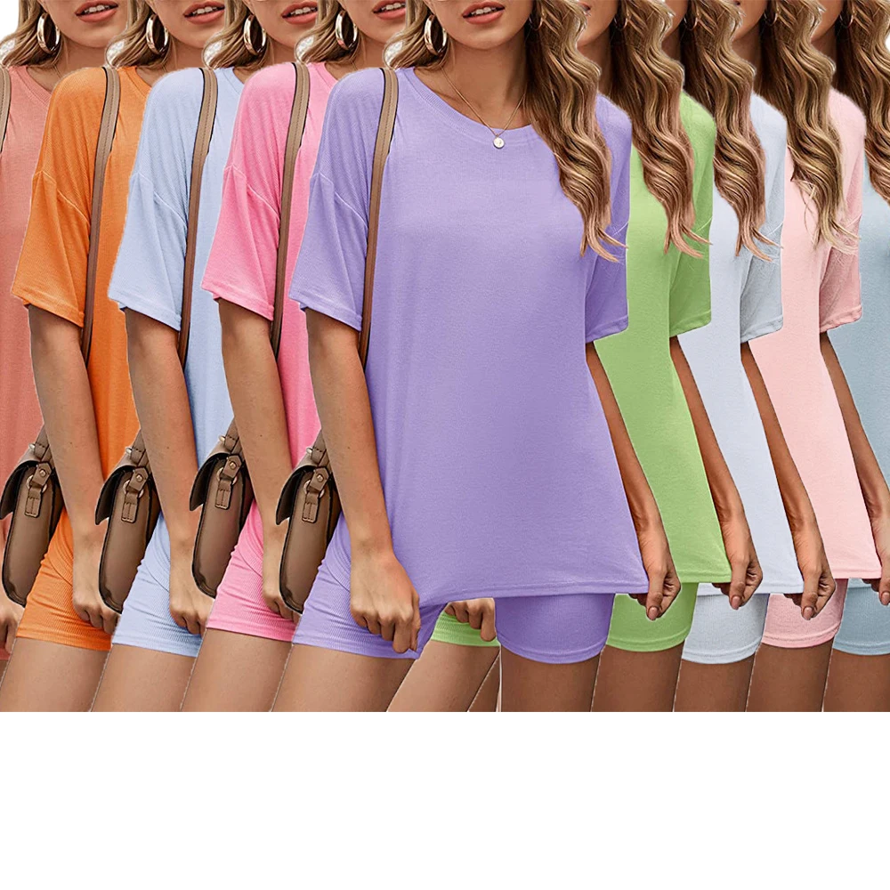 

Wholesale summer fitness workout o-neck top tight shorts sports suit woman biker ladies short 2 two piece set outfit, As picture