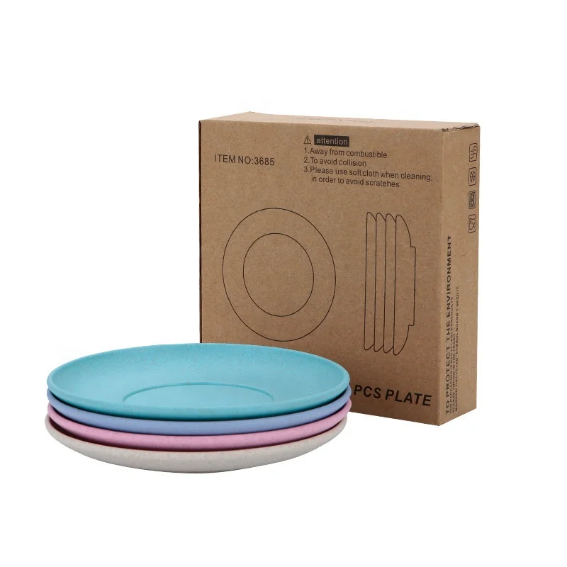 

Eco-friendly Biodegradable Unbreakable Dinner Plasic dishes Restaurant Picnic Wheat Straw Plates, Pink beige blue green