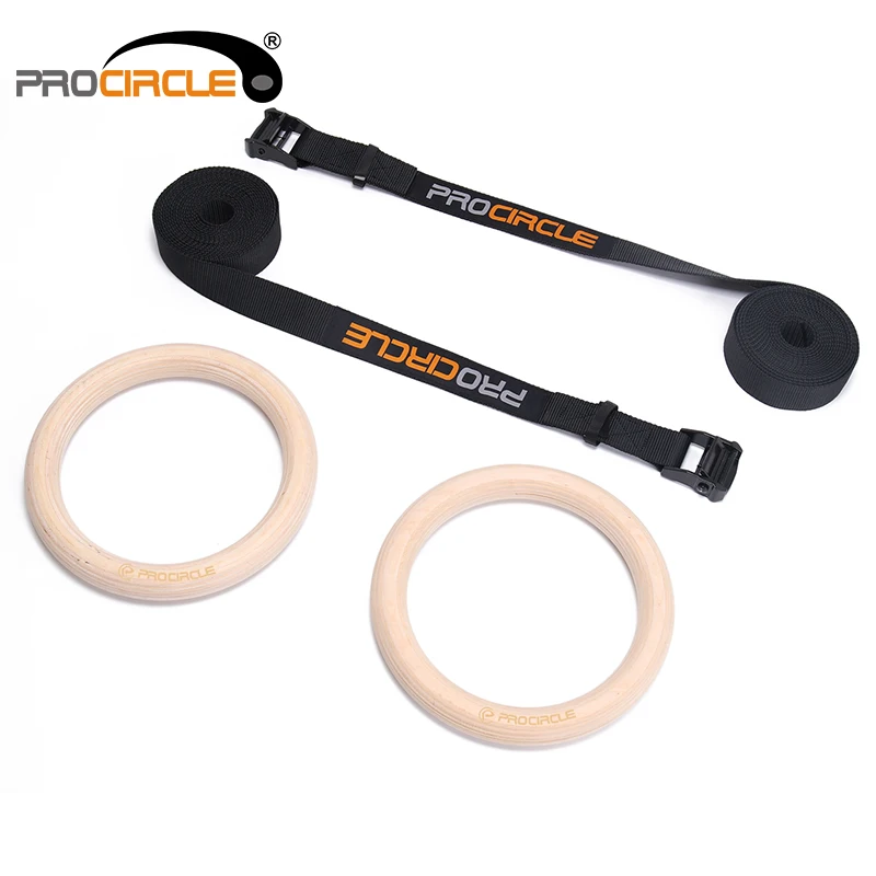 

Hot Sale Wooden Gymnastic Ring with Nylon straps For Gym, Black strap, wooden color ring